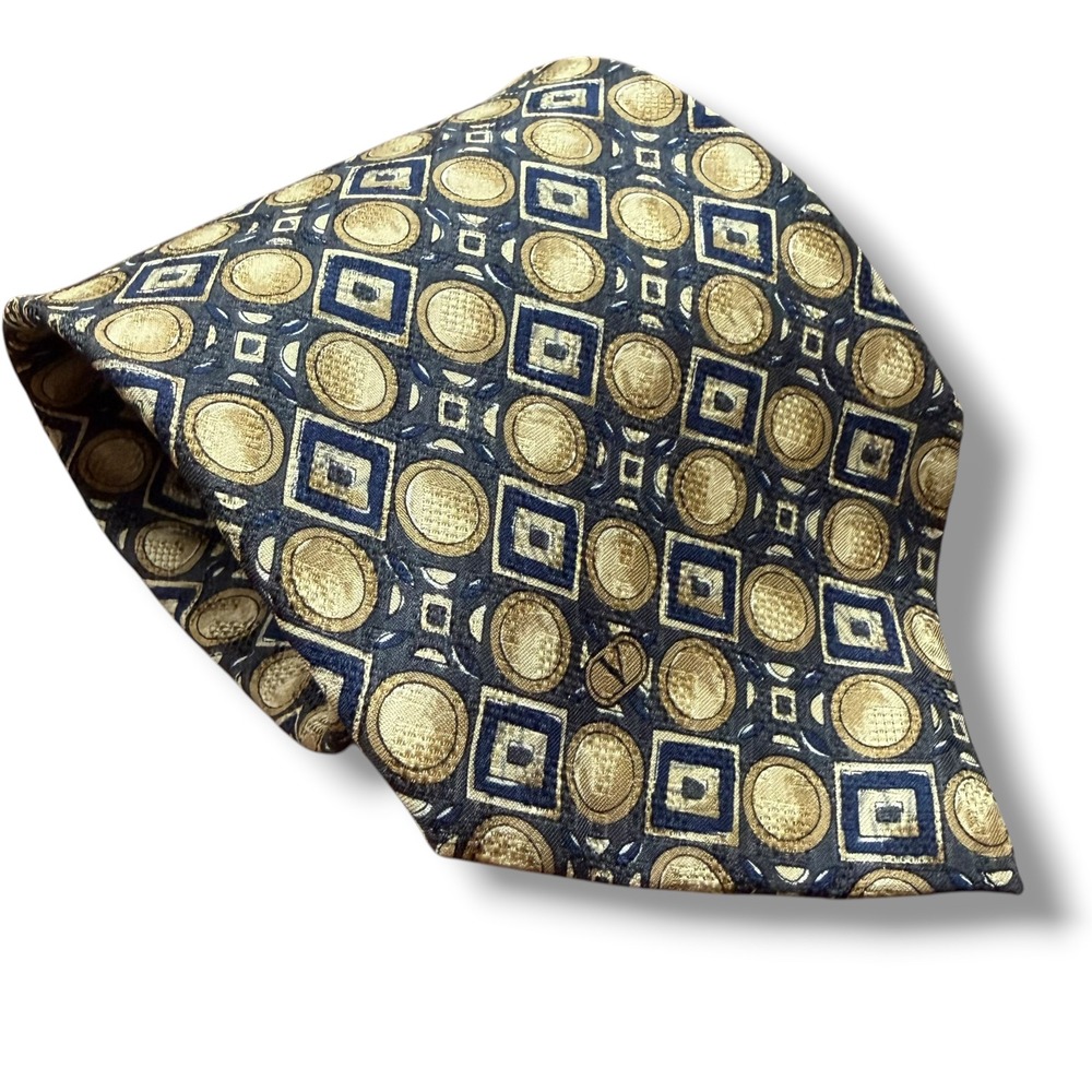Valentino Cravatte Men Silk Tie Gold Navy Blue Geometric‎ Medallion Italy 4'x55'